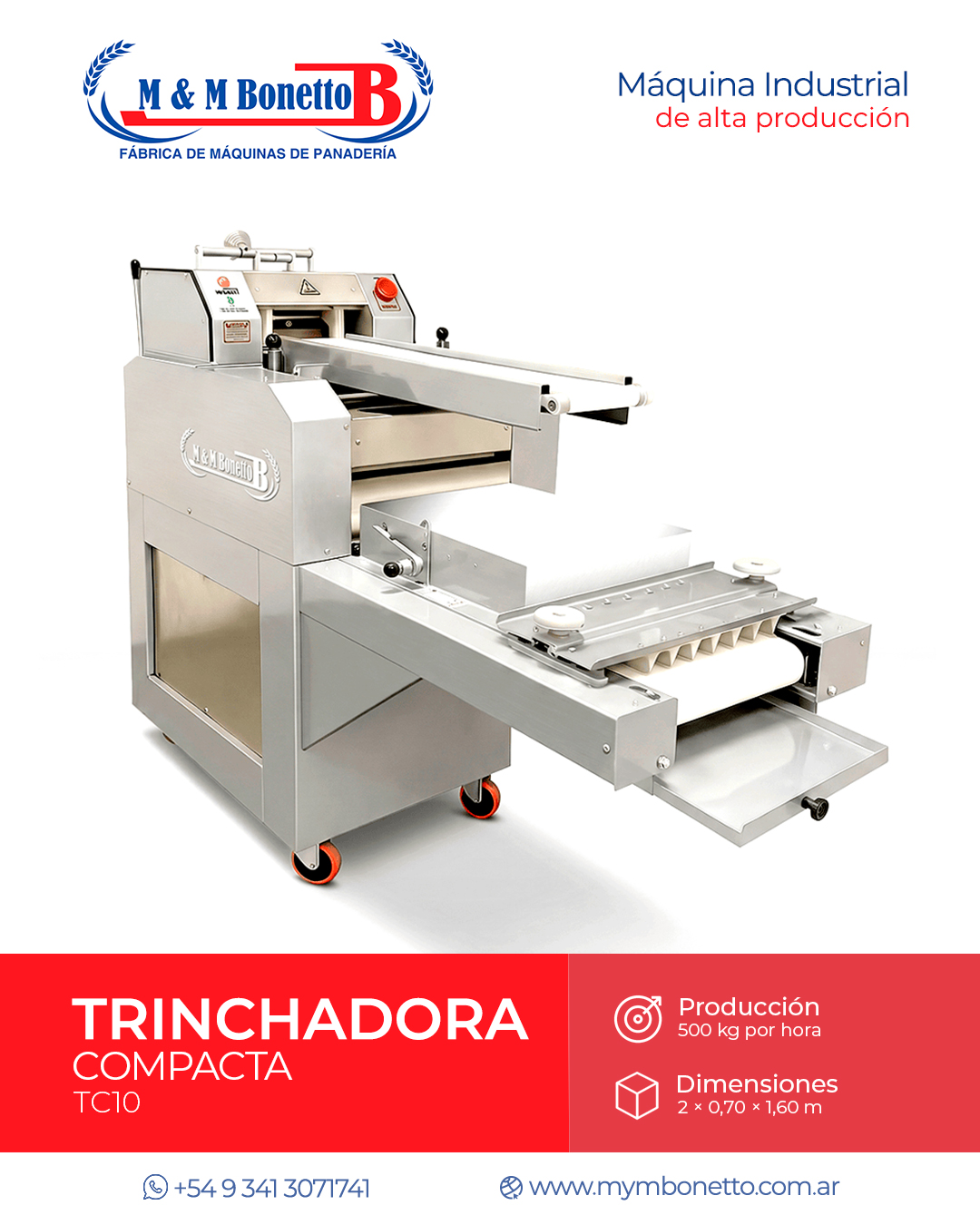 Trinchadora compacta de MYM Bonetto para elaborar distintos tipos de pan con TC10, con capacidad de hasta 500 kg por hora.
