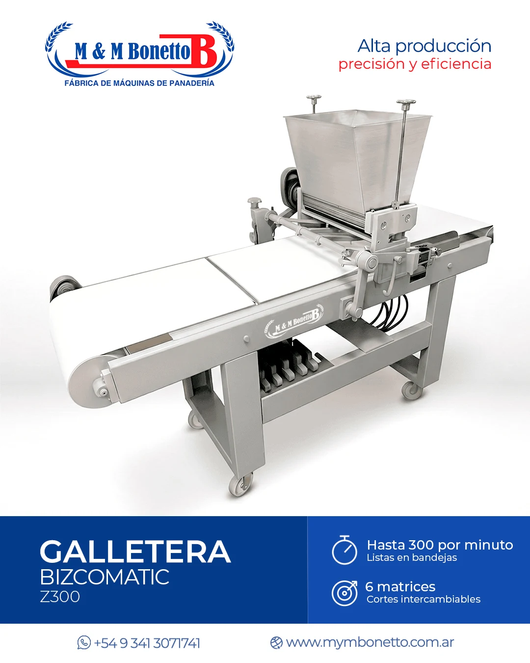 Galletera Bizcomatic Z300 de M&M Bonetto para producción de galletitas y masas secas