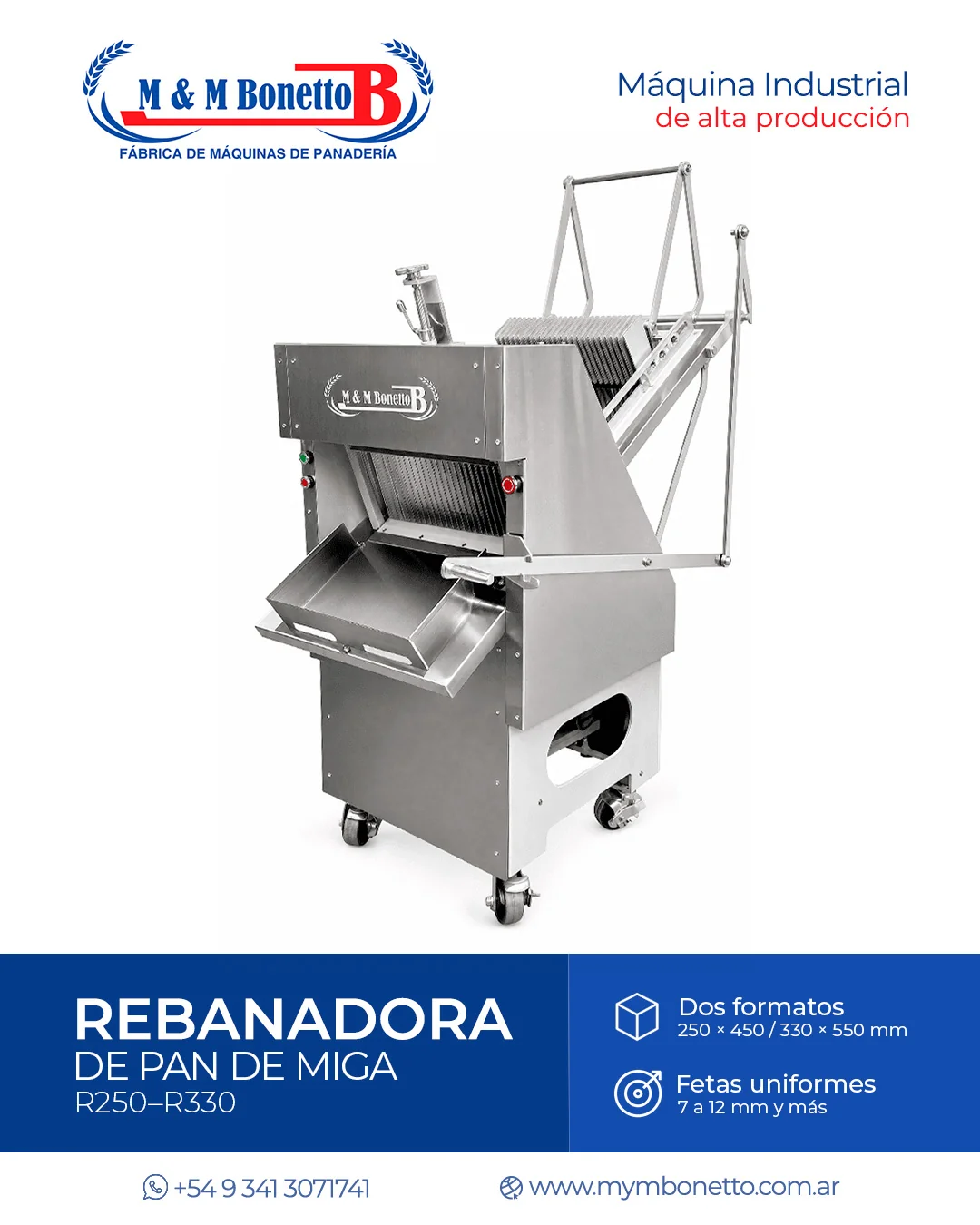 Rebanadoras de pan de miga R250 y R330 de MYM Bonetto, con formatos de 250 × 450 y 330 × 550 mm.